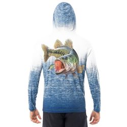 Fish N Vibe Men's Long Sleeve Performance Fishing Hoodie, Blue Ombre Bass, XL


