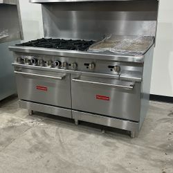 Flamaster FLM-R60-24MG 60” NG/LPG Gas Range, 6 Open Burners, 24 inch Griddle, 2 Standard Ovens, 213,000 BTU