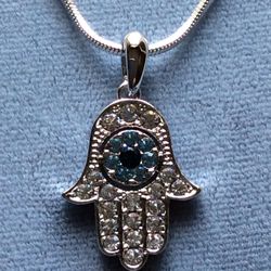 Ladies Sparkling Crystal Hamsa Necklace w/Blue Crystal Center On Snake Chain *Pickup Boca Raton Or Shop Nationwide