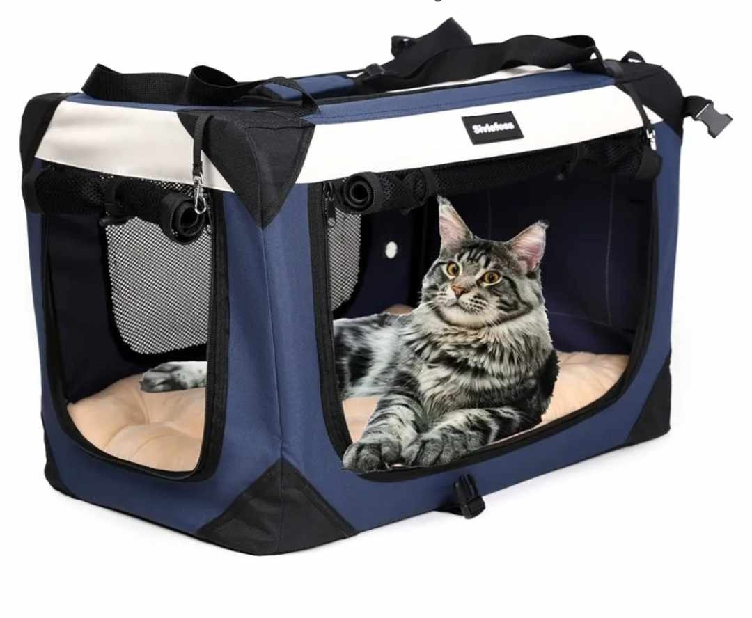 Large Cat Carrier, Collapsible Dog Travel Crate Portable Soft-Sided Pet Carrier with Super Soft Warm Plush Mat for Indoor and Outdoor 24x16x16in,Navy