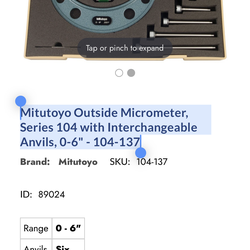 Mitutoyo Outside Micrometer with Interchangeable Anvils, 0-6"