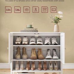 Shoe Cabinet, 3-Tier Shoe Storage Organiser, Shoe Shelf, Modern Country Cabinet, Freestanding Cabinet with Height-Adjustable Shelf, 35 x 8