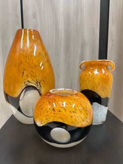 Set of 3 Art Glass Vases Orange Black White