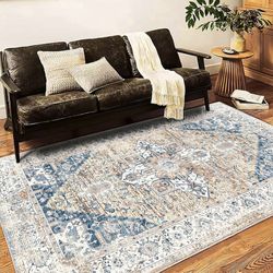 Washable Vintage Area Rug 6x9 Boho Chic Medallion Distressed Design Non-Shedding Easy Care Ideal for High Traffic Areas in Living Room Bedroom Kitchen