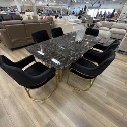 New real marble top black 7pc dining set