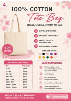 $1.38 Each Blank Cotton Tote Bag – Perfect for Custom Printing & Crafts
