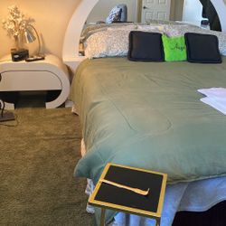 White Lacquer Bedroom Set With Two Nightstands And One Dresser With Mirror Excellent Condition Mirror Lights Up In The Background 