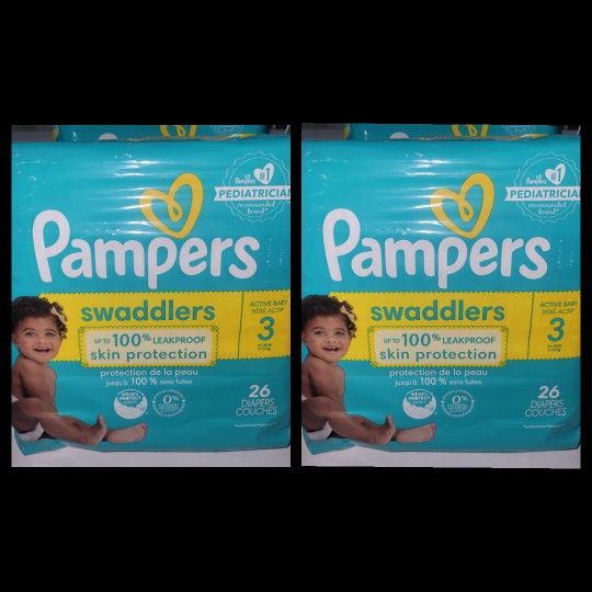 2 BAGS OF PAMPERS SWADDLERS SIZE 3/26 DIAPERS FOR $13/$13 POR LOS 2