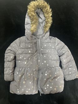 Girls Winter Coat 4T – Gray with Silver Stars, Furry Hood, Warm & Stylish