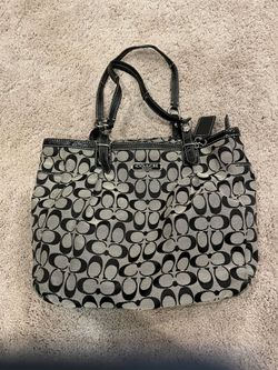 Coach Signature Tote Shoulder Bag - Black and Gray Canvas Jacquard - Patent Leather Trim F18666