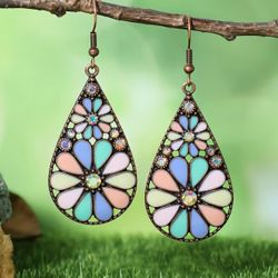 🌸 New! Bohemian Multicolored Flower Enamel Teardrop Earrings w Iridescent Rhinestones & Gift Bag