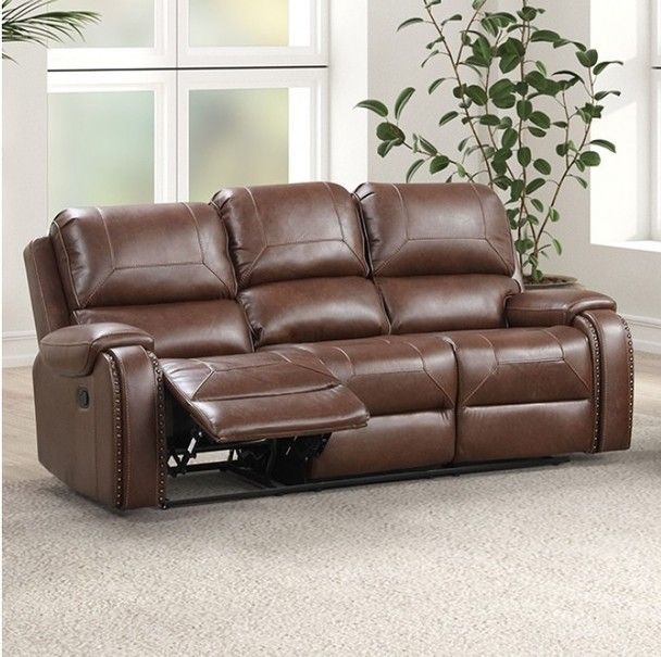Brown Leatherette Nailhead Couch Sofa w/ USB & Power Outlet