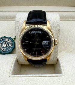 1981 Rolex Day-Date 36mm President 18k Yellow gold 18038 factory BLACK dial SPANISH ROULETTE DAY Quick-Set Black Leather Band box tag appraisal