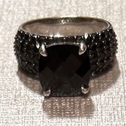 Black Spinel Cushion and Round Sterling Silver Ring