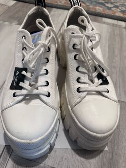 Palladium White Canvas Chunky Lace-Up Sneakers with Iridescent Tongue