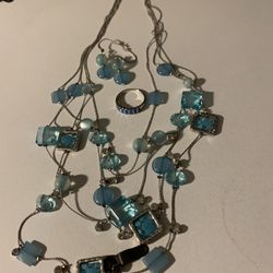 Turquoise Necklace Set ,with Matching Ring And Earrings 