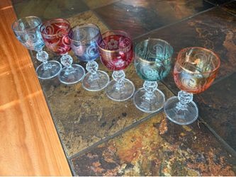 Exceptional Set of 6 Crystal Bohemian Cut to Clear Style Multicolored Cordial Glasses With Cut Floral Design
