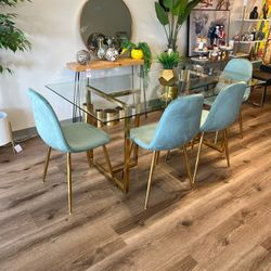 Blue Gold Velvet Glass Dining Set 