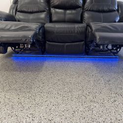 Black Leather Reclining Sofa with LED Lights & USB Phone Charger