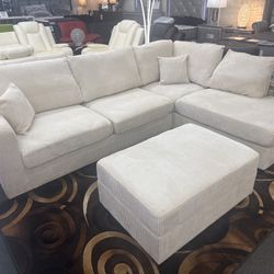 New Ivory 3pc Sectional Set w/built-in USB port and Storage Ottoman
