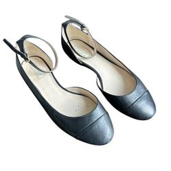 COLE HAAN  Leather Rounded Toe Ballet Flats with Ankle Tie Strap. 