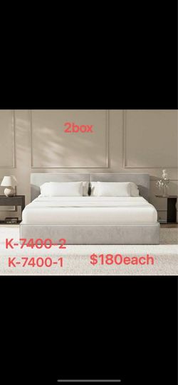 (K-7400-1)(180$each)RECCI Platform Bed Frame with Plush Upholstered Headboard, Noise-Free Stability, Wood Slats (Dove Grey, King(2 box)