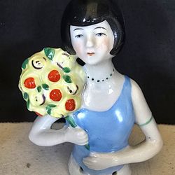 VTG 3.5" half doll / pincushion doll Girl w/black hair, blue dress & flowers
