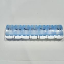 Useful Weekly Pill Container Push Button Medicine Planner, Vitamin Organizer (Blue And White)