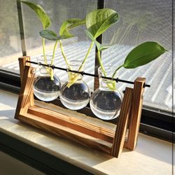 Plant Terrarium with Wooden Stand, Air Planter Bulb Glass Vase Metal Swivel Holder Retro Tabletop  Hydroponics Home Garden Office Decoration - 3 Bulbs