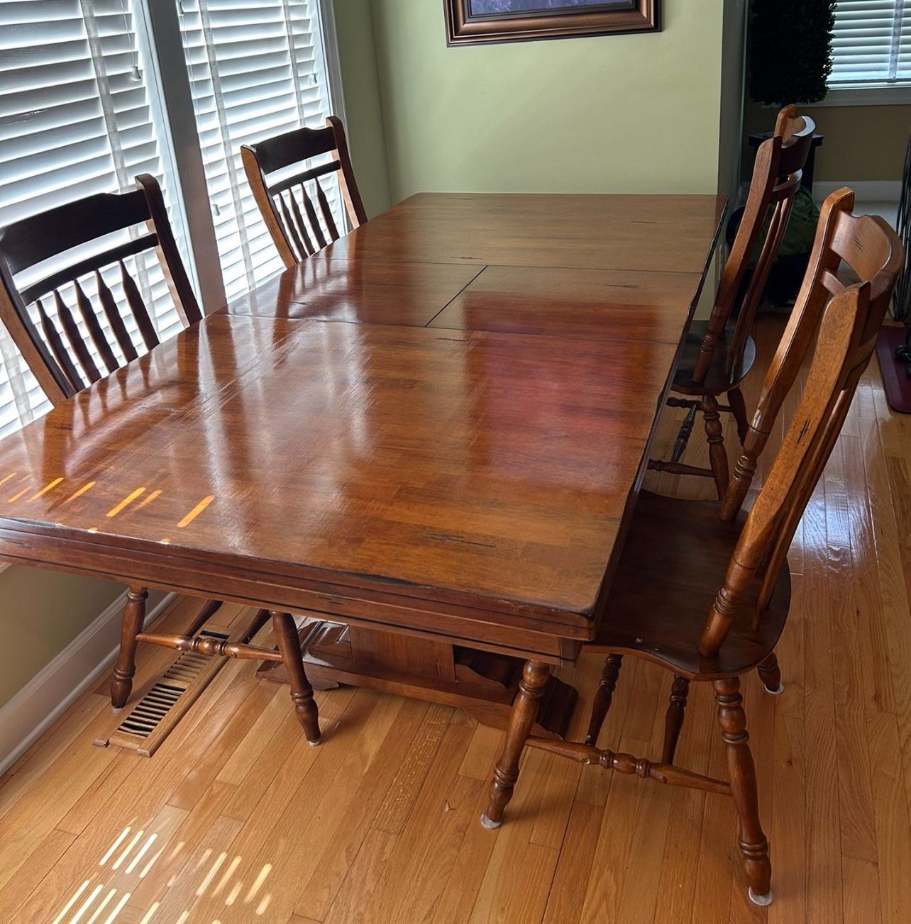 Wood Table, 4 Chairs, 1 Bench , Built in extension Leaf