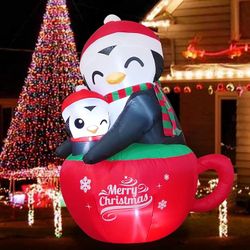 5.5 FT Inflatable Christmas Yard Decorations,Cups Mother and Son Penguin LED Lights Built-in for Outdoor Decor/Holiday/C