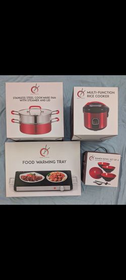 ASIAN CUISINE-#4 ITEMS: -Rice.Cooker, Pan w/Steamer+Lid, Food Warming Tray, Ramen Bowl Set
