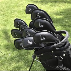 Set of 12 Golf Club Head Covers Black Leather