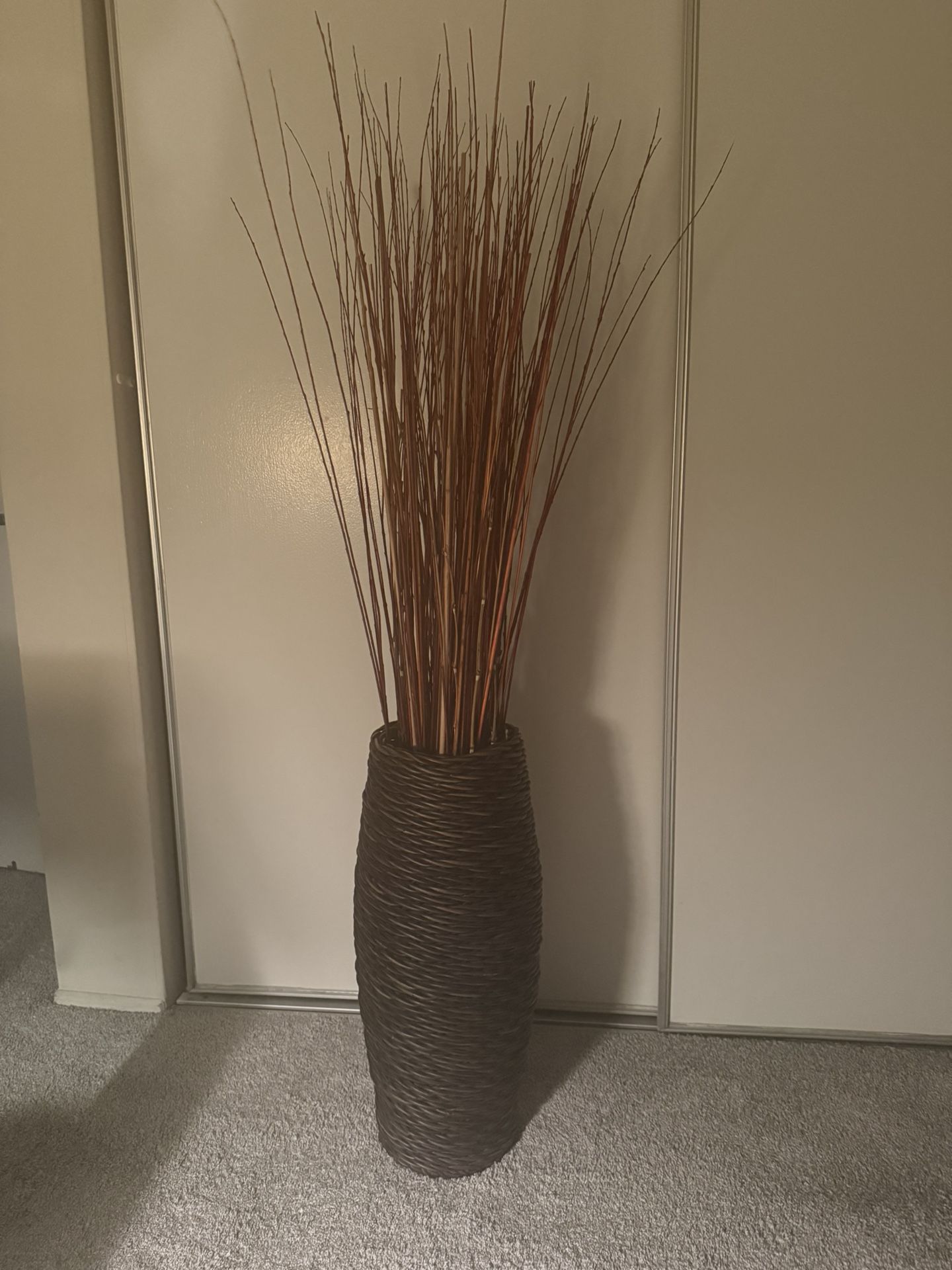 Crate and Barrel Rattan Woven Floor Vase Decoration with Branches