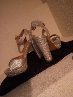 Silver Rhinestone Platform Block Heel Sandals