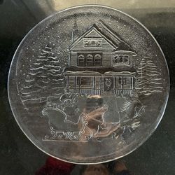 Libbey Clear glass serving platter featuring an embossed Christmas winter sleigh ride scene
