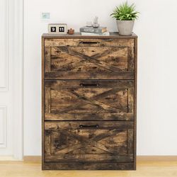 Industrial Storage Shoe Cabinet Organizer Narrow Shoe Rack w/ 3 Flip Drawers Rustic Brown
