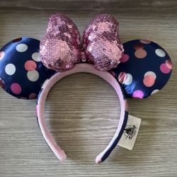 Authentic Disney Parks Navy Polka Dot with Pink Sequin Bow Minnie/Mickey Ears