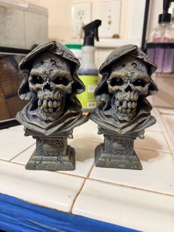 Skull Grim Reaper Bust Figurines Set of 2