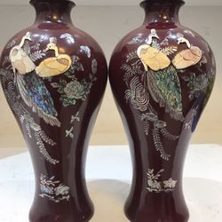 Pair of Red Lacquer Mother of Pearl Vase