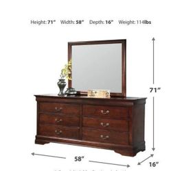 Cherry Finish Wood Dresser with Six Drawers for Bedroom Storage