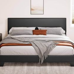 Black King Platform Upholstered Bed Frame with Faux Leather Adjustable Headboard,Wood Slats Support,
