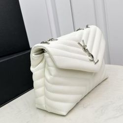 White silver buckle V-pattern shoulder bag