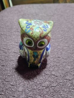 Vintage Cloisonné Enamel Owl Figurine: Small Enameled Statue