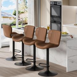 Bar Stools Set of 4 Modern Swivel Bar Chairs, Counter Height Faux Leather Metal Barstools, Upholstered Island Chairs with Back and Footrest, Coffee Am