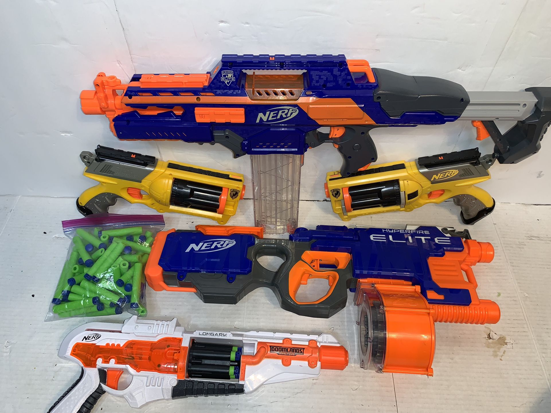 Nerf Toy Guns Lot: Hyperfire, CS-18, Longarm, & Rev-6 w/ 5 Toys 100 Darts 