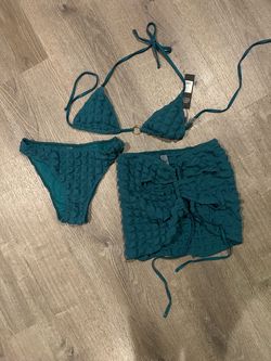 Teal Textured Bikini Set with Cover-Up Skirt