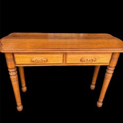 Vintage solid oak console table desk sofa table entryway cottagecore leaf drawer pulls turned legs