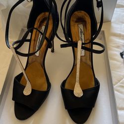 Brian Atwood Elegant Black Satin Pencil Heel With Box And Extra Heel Tip Set