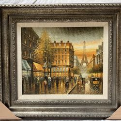 Paris ~ Hand-Painted Oil Painting Wooden Frame 37” x 33”